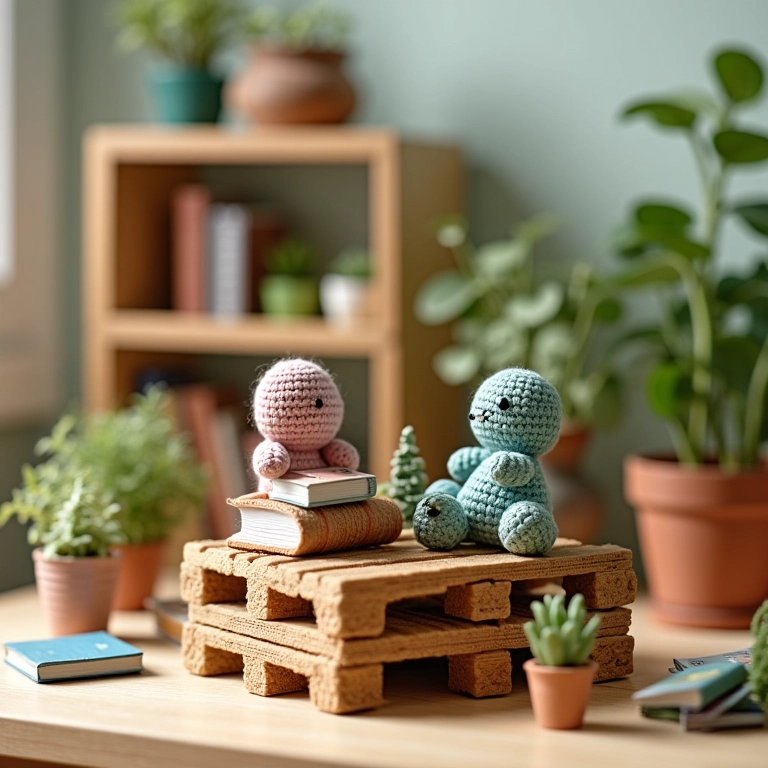 Prateleira de pallet em amigurumi com miniaturas de livros e plantas.