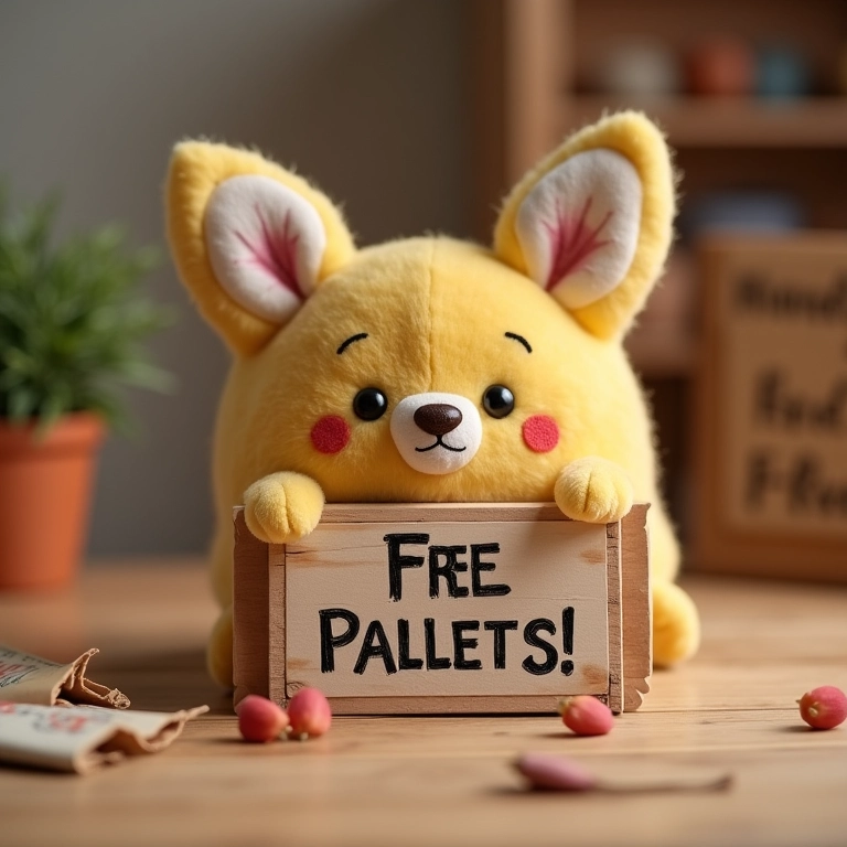 Prateleira de pallet em crochê com etiqueta 'Paletes Grátis!'