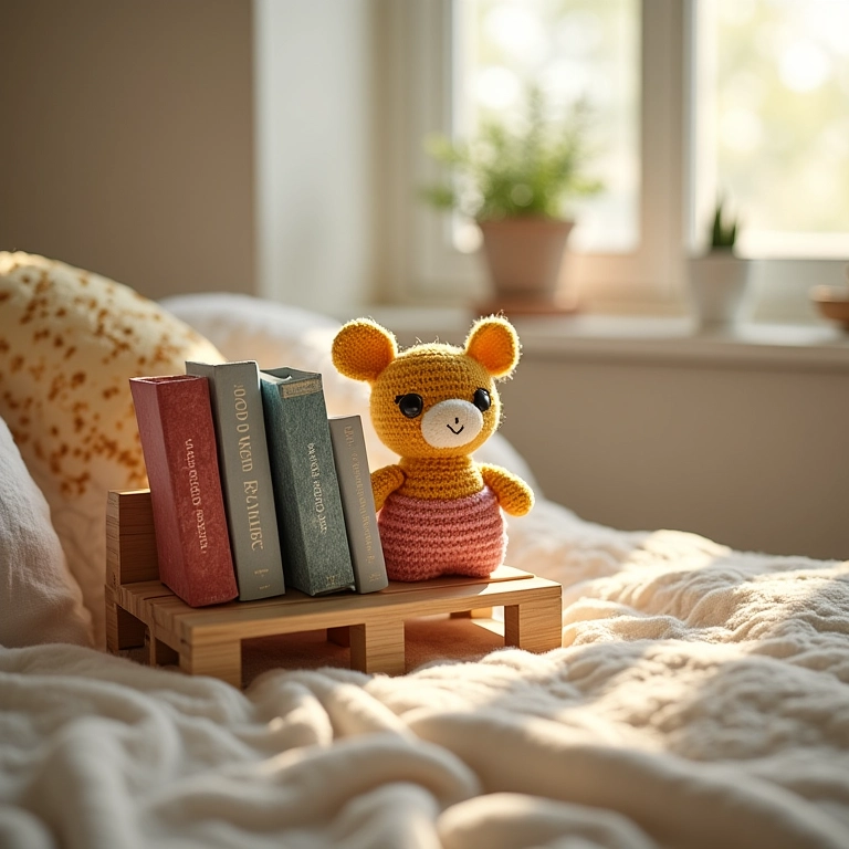 Prateleira de pallet em crochê com livros no quarto.