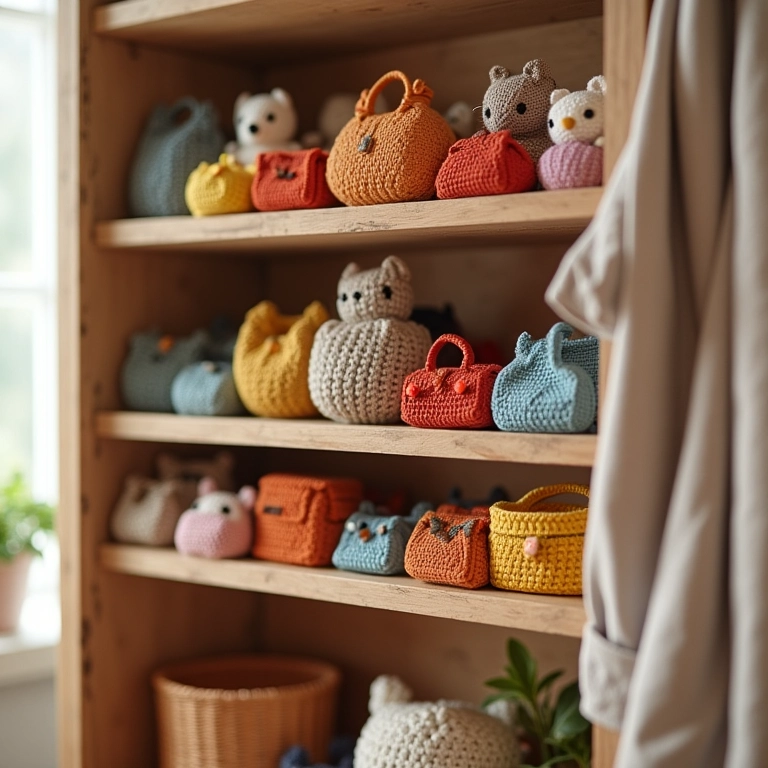 Prateleira de pallet em crochê para bolsas e acessórios no closet.