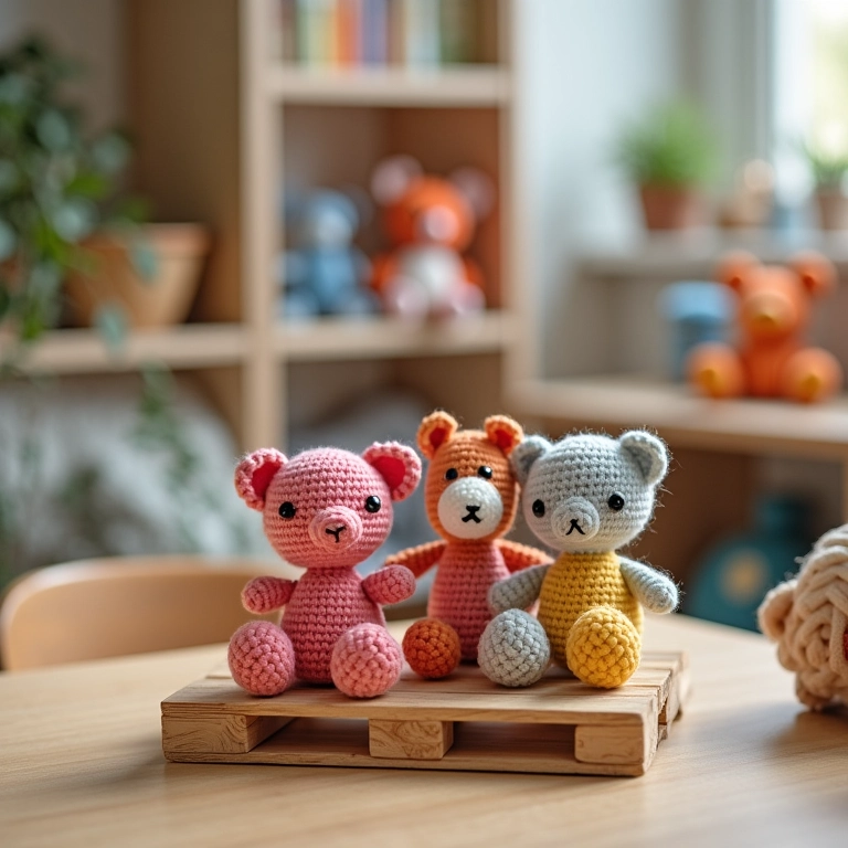 Prateleira de pallet em crochê para brinquedos no quarto das crianças.