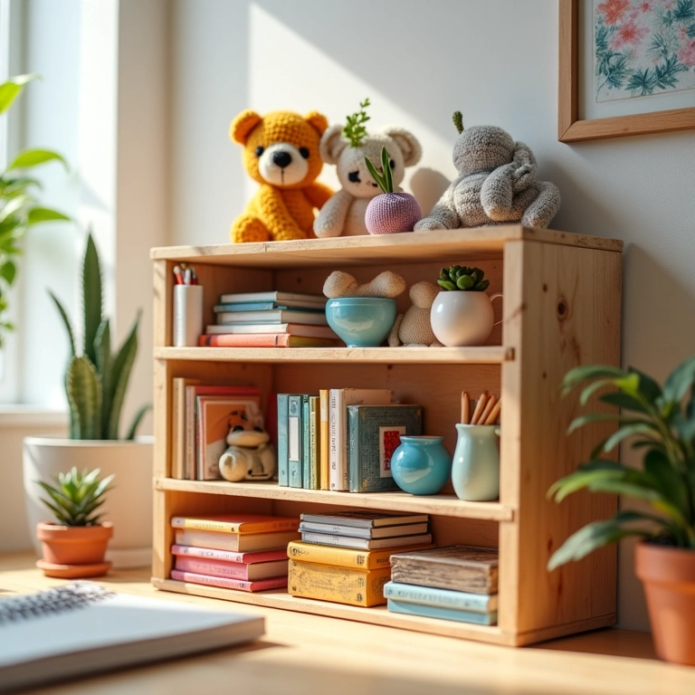 Prateleira de pallet em crochê para escritório em casa.