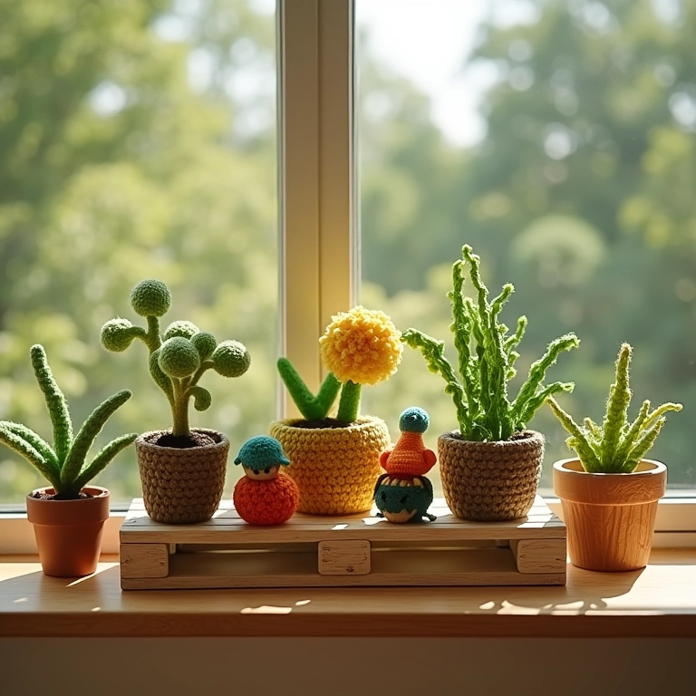 Prateleira de pallet em crochê para plantas na varanda.