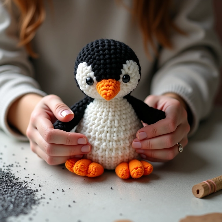 Preparando pinguim de amigurumi para glitter.