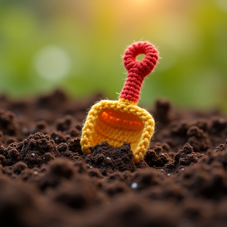 Preparo da terra em amigurumi com mini pá de crochê.