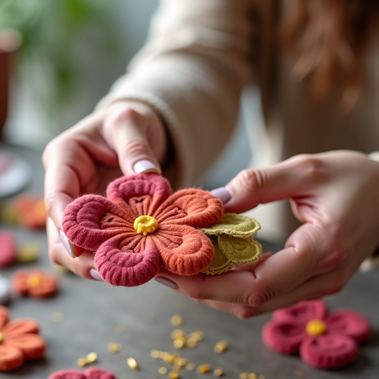 Presente personalizado com flor de feltro em amigurumi.