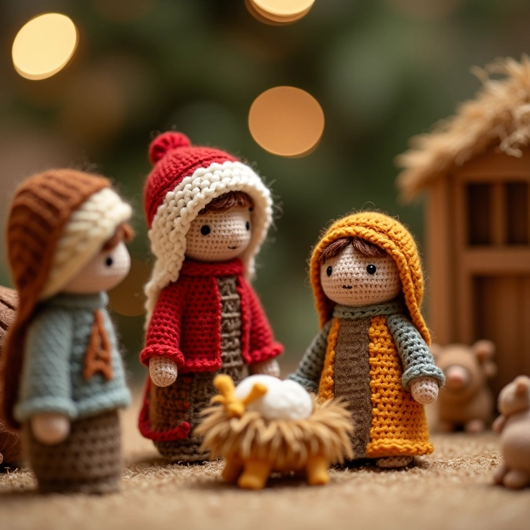 Presépio de amigurumi com caixas de papelão.