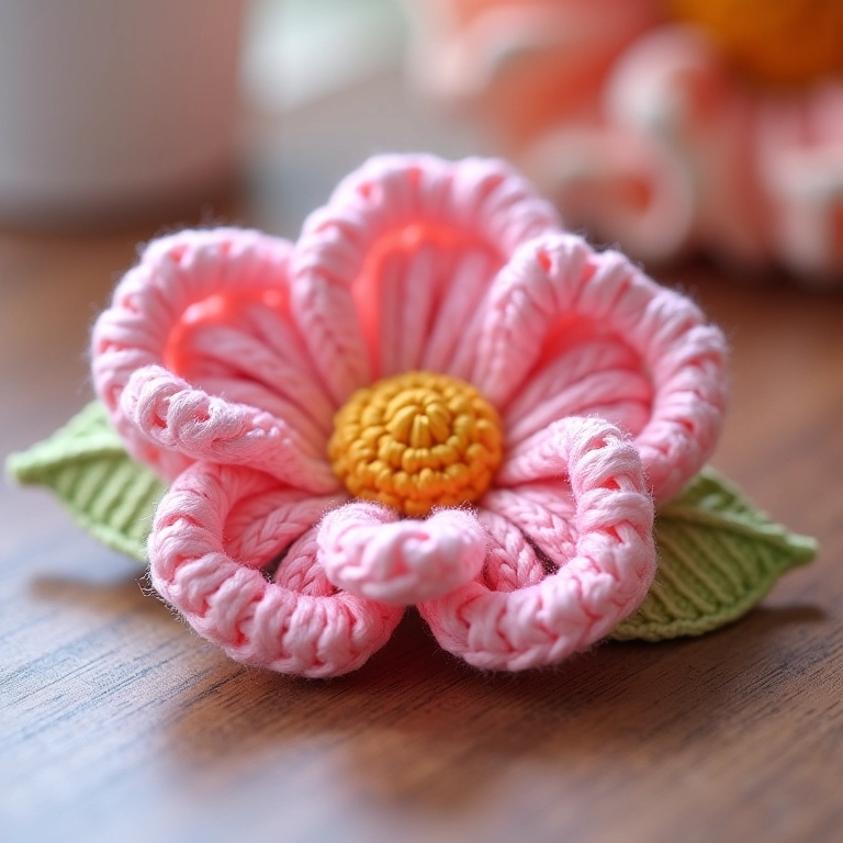 Presilha de cabelo com flor de fita de cetim amigurumi.