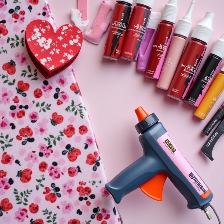 Produtos para personalizar garrafinhas da Minnie: cola quente, tintas, tecidos.