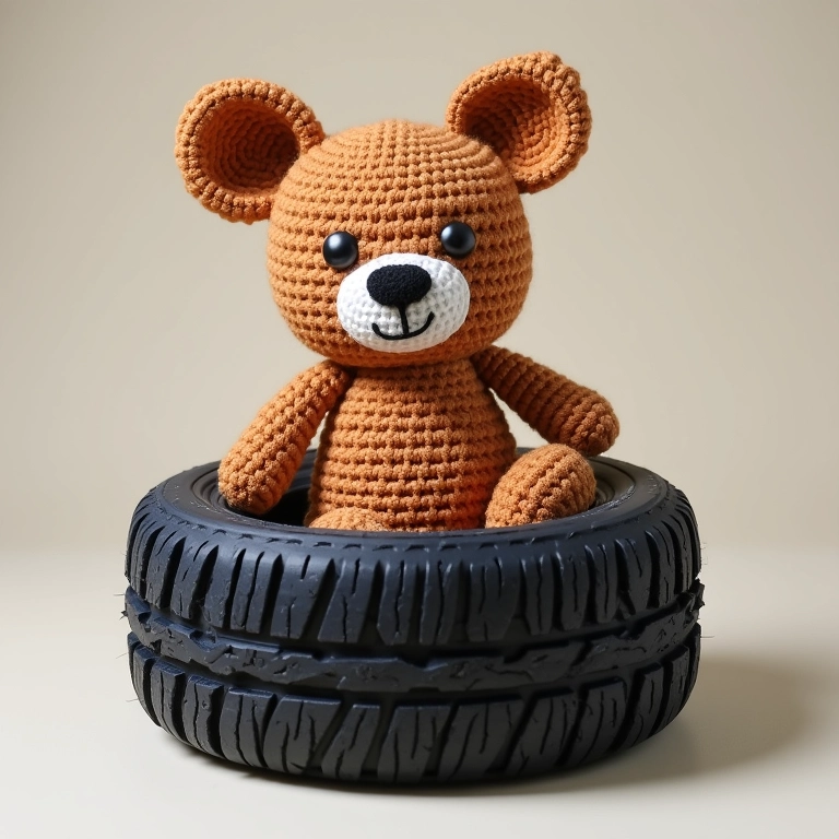 Puff de pneu revestido com crochê amigurumi.