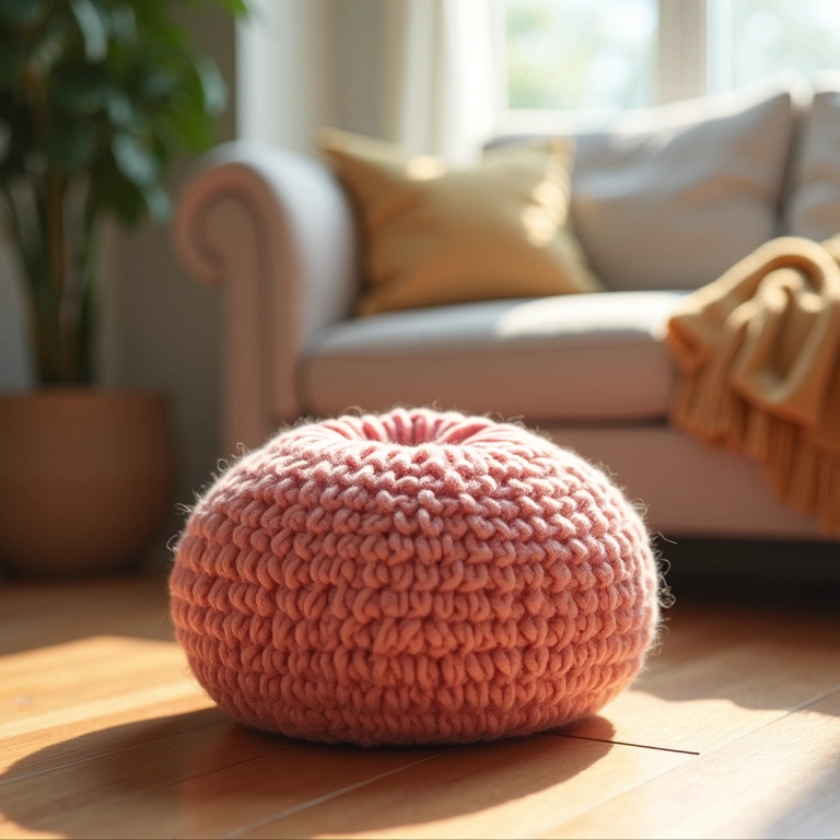 Puff redondo de crochê amigurumi em sala aconchegante.