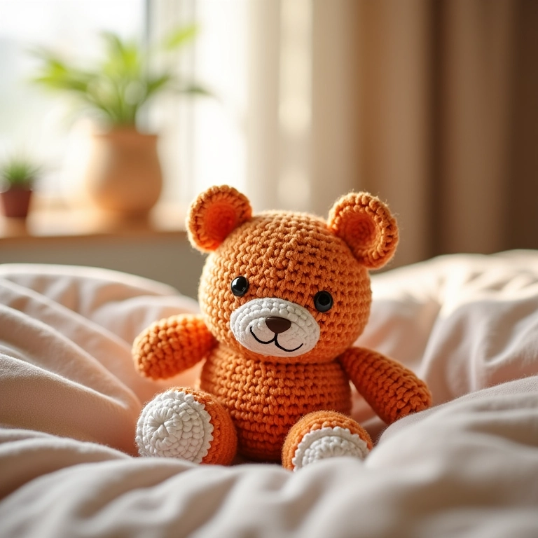Puff redondo de crochê amigurumi usado como apoio para os pés no quarto.