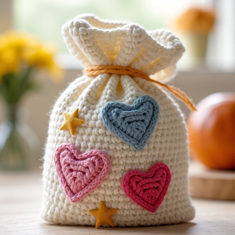 Puxa saco de crochê com aplicações de corações e estrelas.