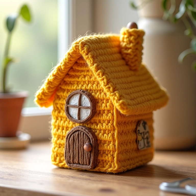 Puxa saco de crochê em formato de casinha charmosa.