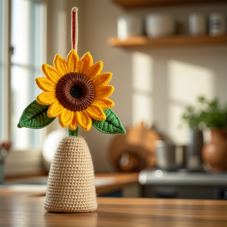 Puxa saco de crochê em formato de flores pendurado na cozinha.
