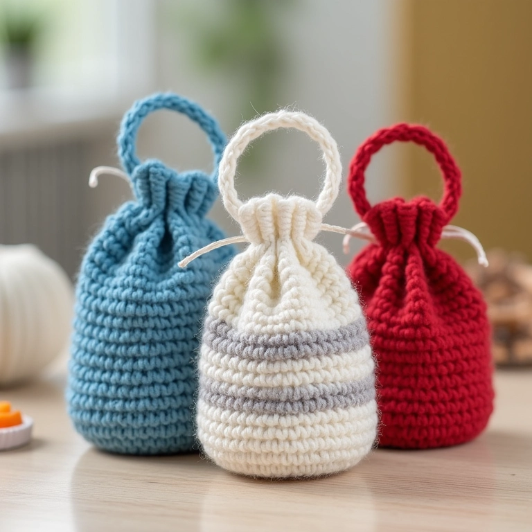 Puxa saco de crochê listrado em diversas cores.