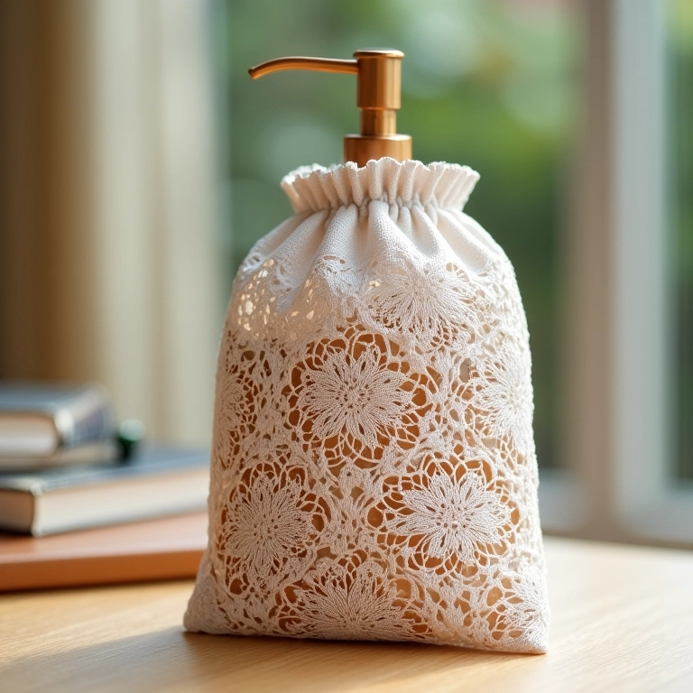 Puxa saco de crochê rendado com detalhes florais.