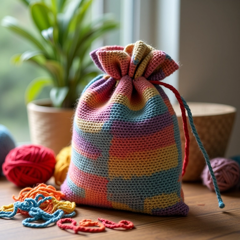 Puxa saco de crochê sustentável feito com fios reciclados.