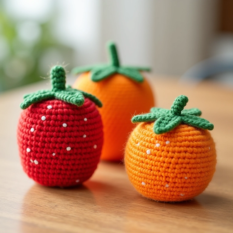 Puxa sacos de crochê em formato de frutas variadas.