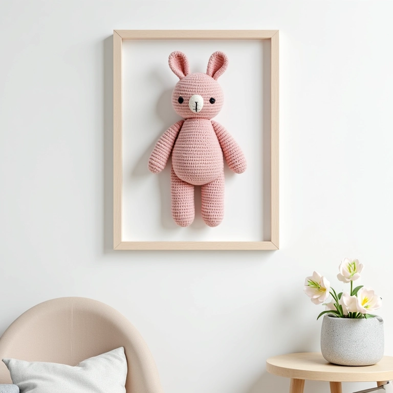Quadro de CD com amigurumi pendurado na parede.