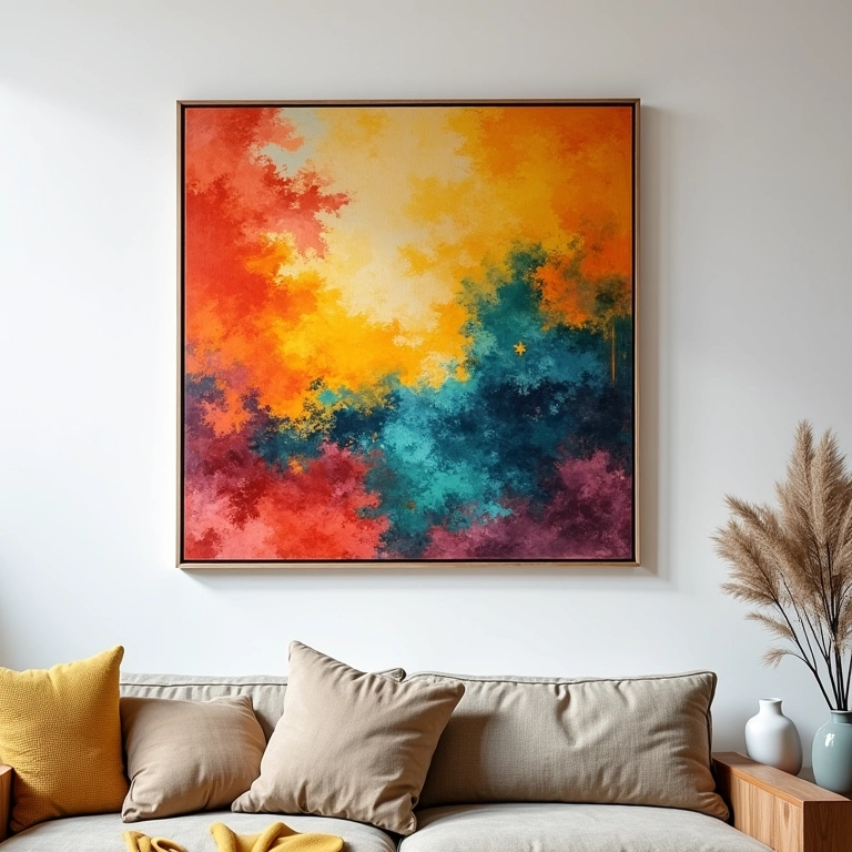 Quadro de fuxico colorido na parede.