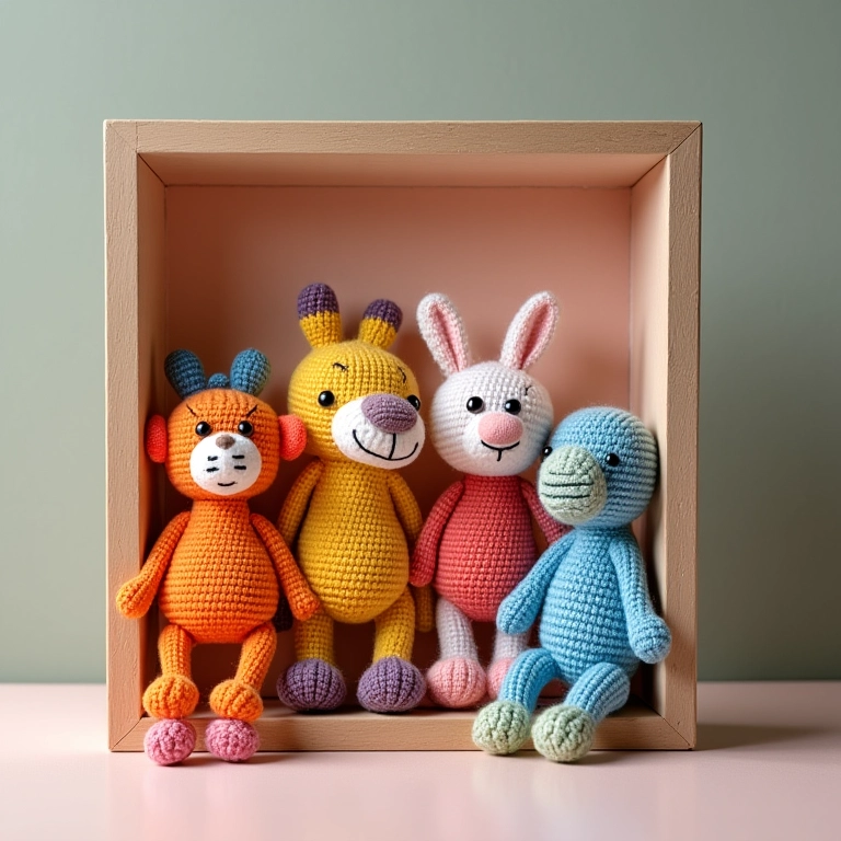Quadro decorativo com colagens e amigurumis.