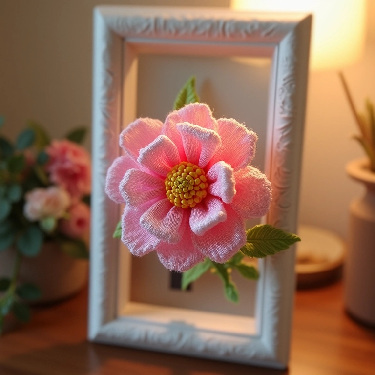 Quadro украшенияdo com flor de fita de cetim amigurumi.