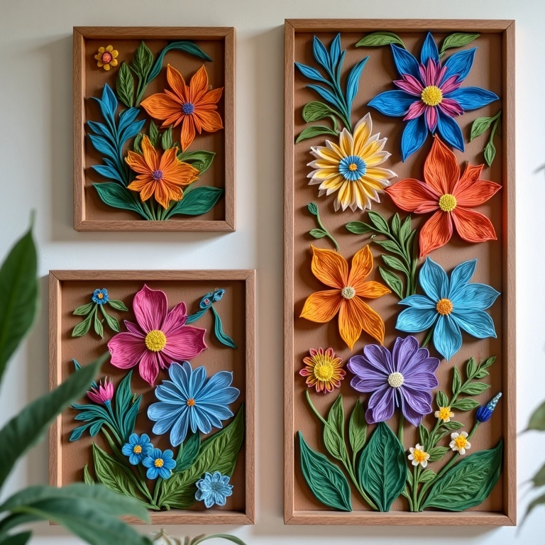 Quadros decorativos com arte quilling em estilo brasileiro.