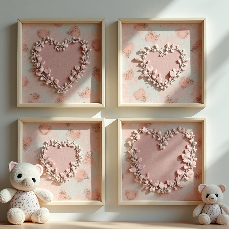 Quadros decorativos criados com tecidos estampados e elementos em amigurumi.