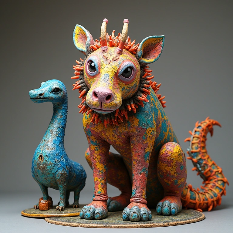 Recycled art, creative sculptures, upcycled materials, vibrant colors, professional photography, 8K Esculturas criativas feitas com materiais reciclados.
