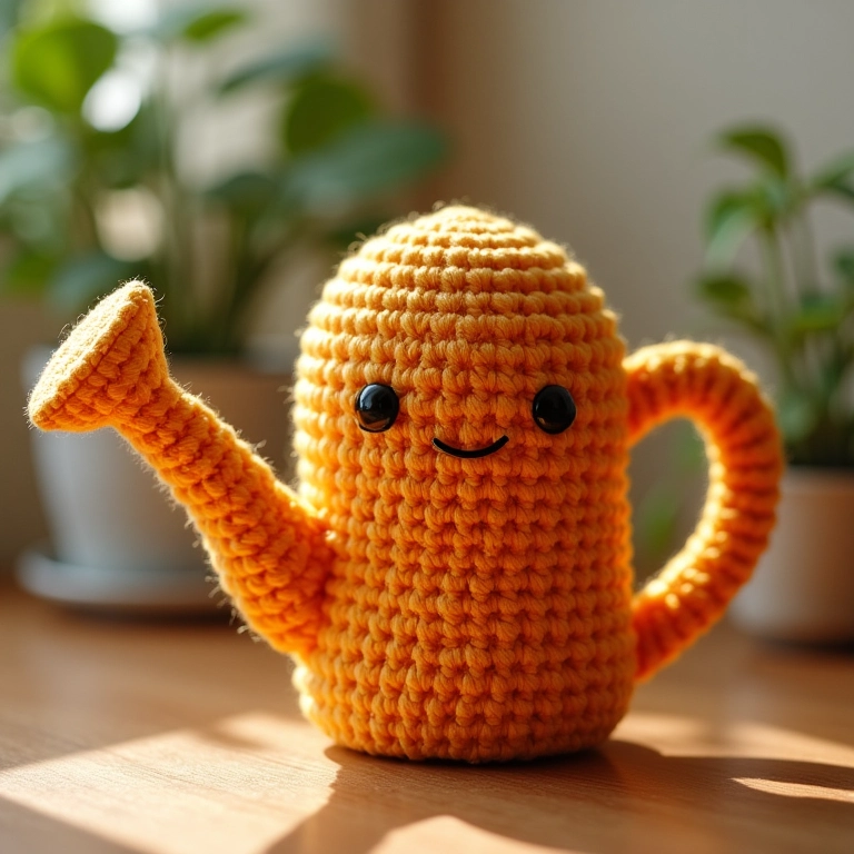 Regador de amigurumi cuidando das plantas.