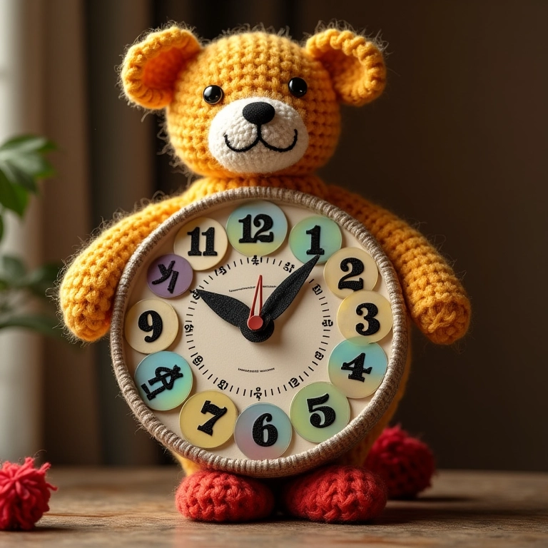 Relógio de parede divertido de amigurumi com CDs de crochê como números.