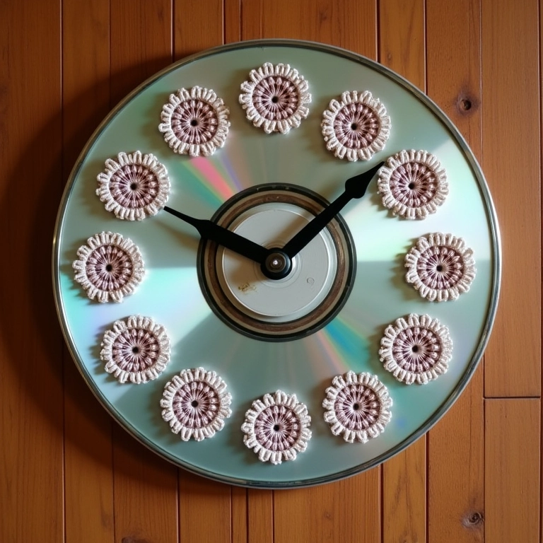 Relógio de parede feito com CD e crochê.