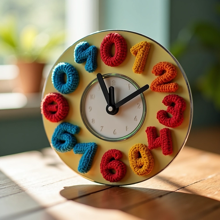 Relógio de parede feito de CD com números de amigurumi.