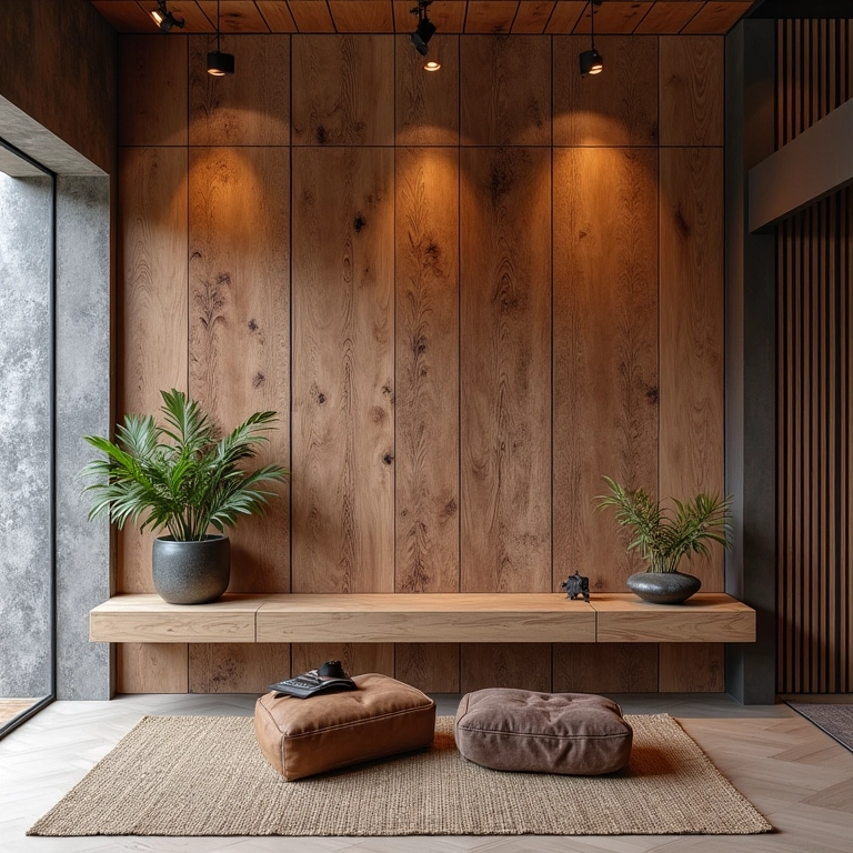 Revestimentos e detalhes rústicos feitos com madeira de demolição.