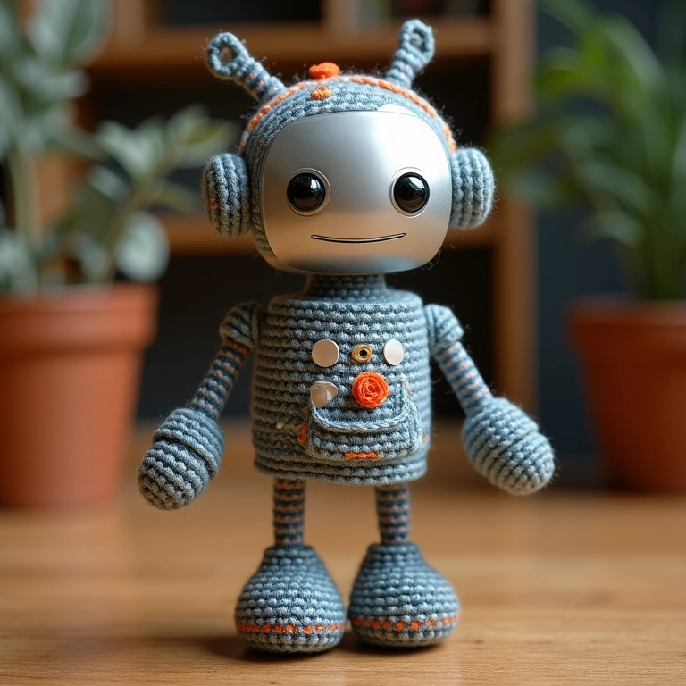 Robô de brinquedo de crochê feito com lata de alumínio reciclada.