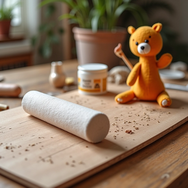 Rolo de espuma em amigurumi aplicando tinta em um painel grande de MDF em crochê.