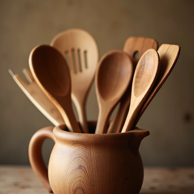 Rustic wooden kitchen utensils, handcrafted, natural light, warm tones, professional photography, Utensílios de cozinha rústicos feitos de madeira.