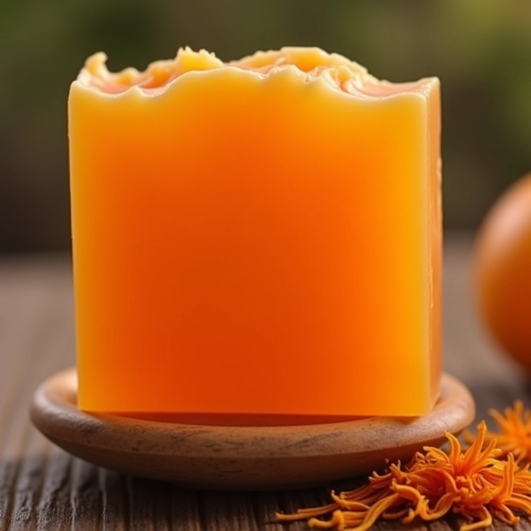 O segredo para um sabonete de açafrão com a cor perfeita Sabonete artesanal de açafrão vibrante em prato de madeira rústico.