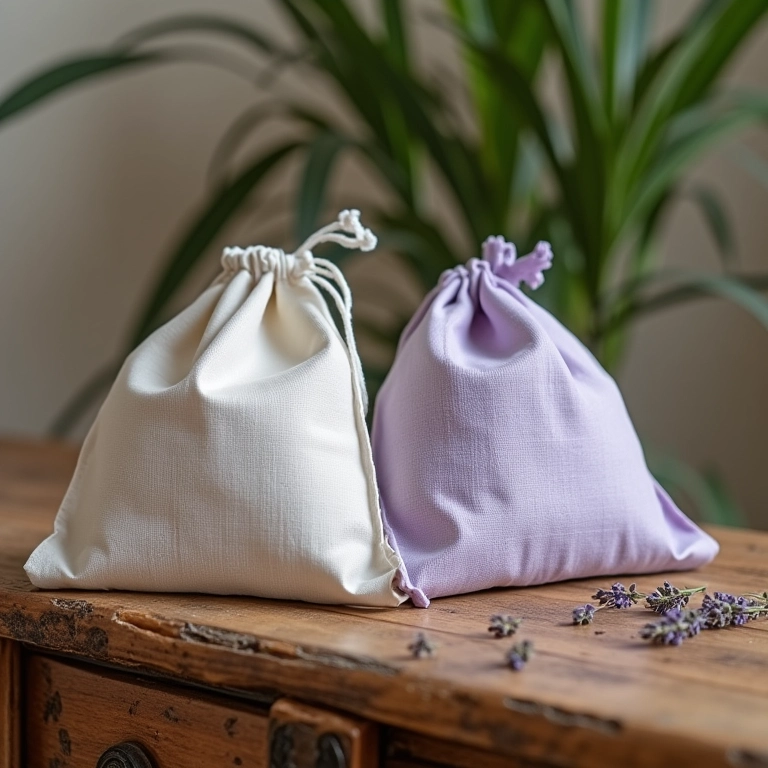 Sachês perfumados para lembrancinha de maternidade em mesa rústica.