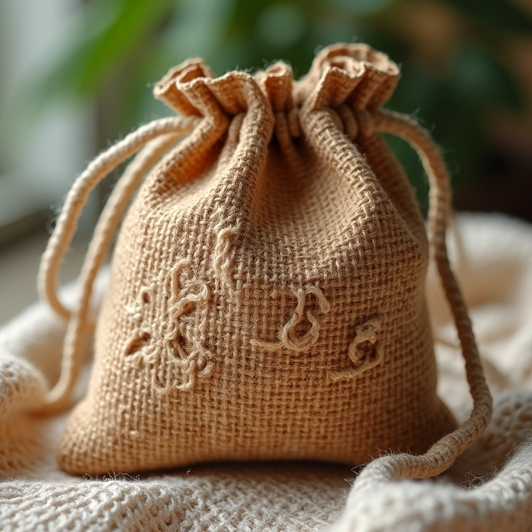Sacola de juta com detalhes em renda de crochê para lembrancinhas.