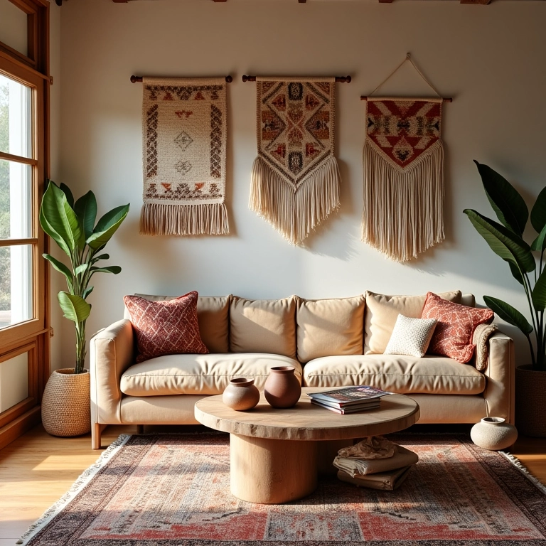 Decoração artesanal: um toque único para seu lar Sala de estar aconchegante com decoração artesanal variada, incluindo tapeçarias, cerâmica e móveis reutilizados.