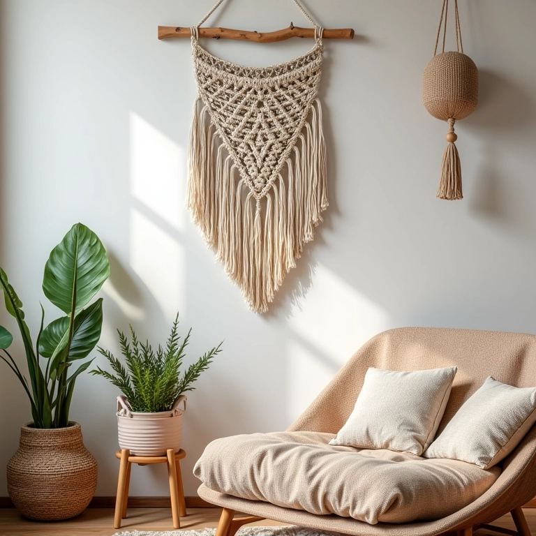 Sala de estar boêmia com um painel de macramê e suportes para plantas.
