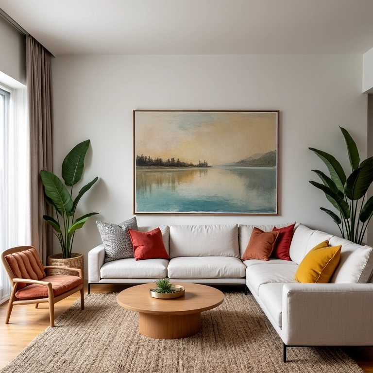 Sala de estar com móveis artesanais e modernos, criando uma decoração equilibrada.