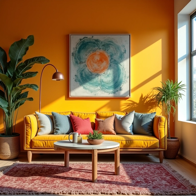 Sala de estar decorada com itens reciclados, design brasileiro vibrante e aconchegante.