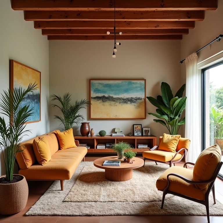 Materiais reciclados: como usar na decoração Sala de estar decorada com materiais reciclados em estilo brasileiro vibrante.