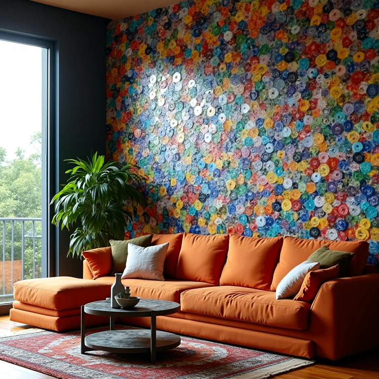 Sala de estar decorada com mosaico de CDs, estilo brasileiro colorido.