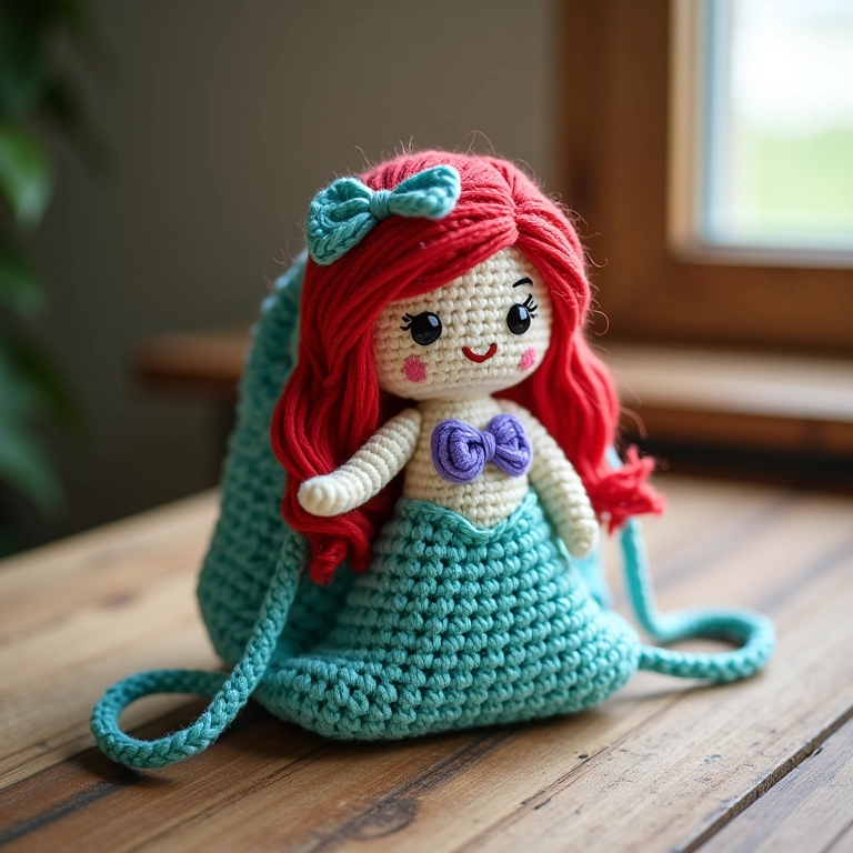 Saquinho de doce personalizado com tema Ariel em crochê.