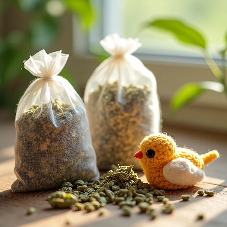 Saquinhos de chá com ervas relaxantes e amigurumis de passarinho.