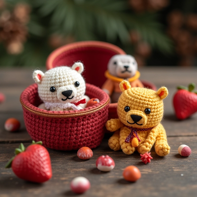 Saquinhos de crochê com doces caseiros amigurumi.